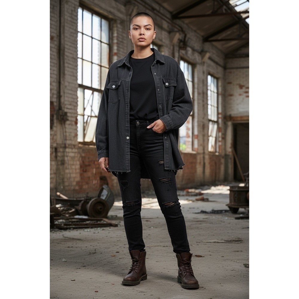Womens Oversized Charcoal Gray Denim Shacket Raw Hem Button Front Jacket XL